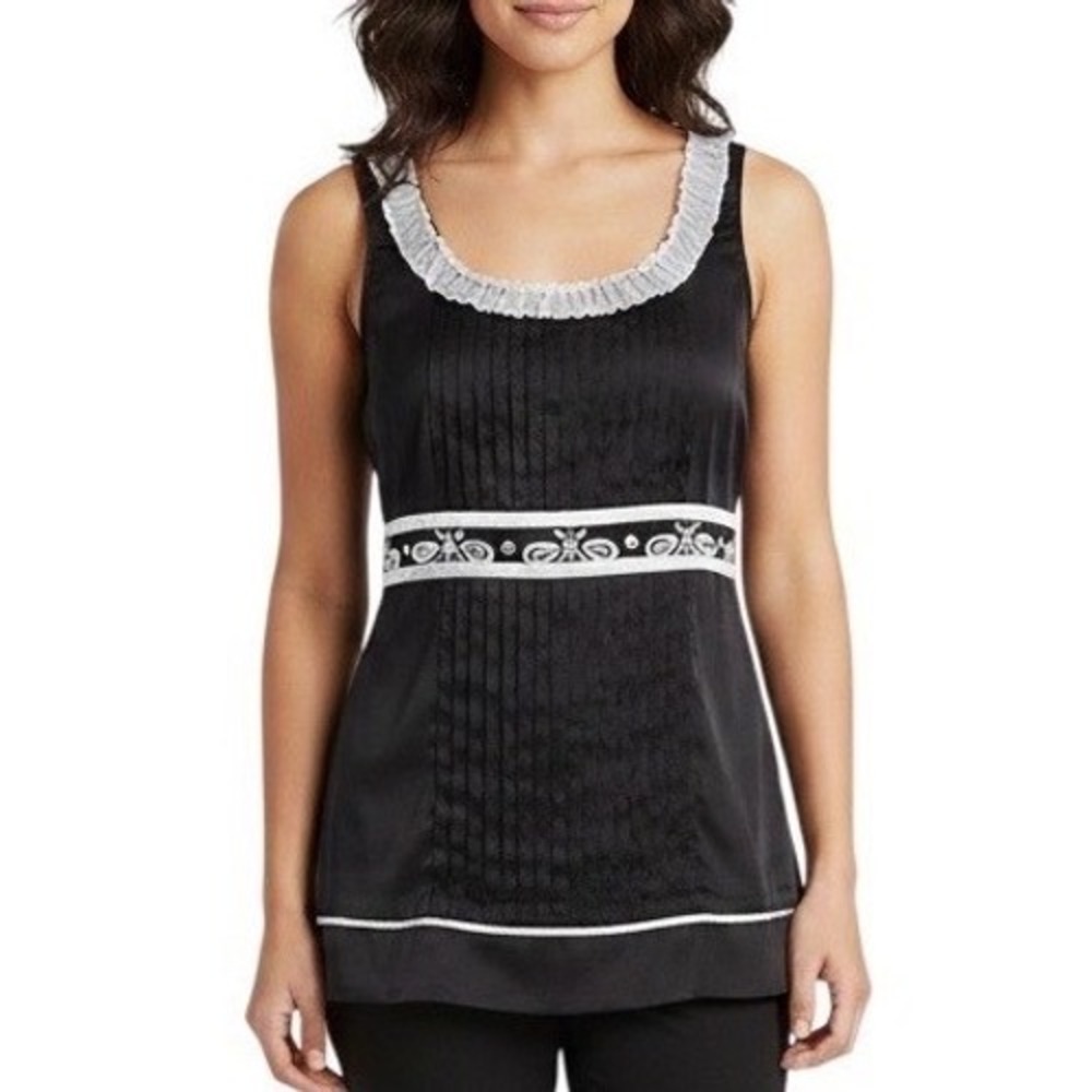 Nicole by Nicole Miller Tank Top Women 12 Black Satin Pintuck Embellished Tunic